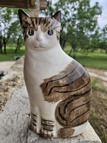 Vtg 10.5" NS Gustin Co Folk Art Tabby Cat Statue Hand Painted fat cat bookend 