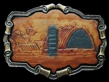 KF19119 VINTAGE 1980 BARN SILO WESTERN STYLE LEATHER BELT BUCKLE