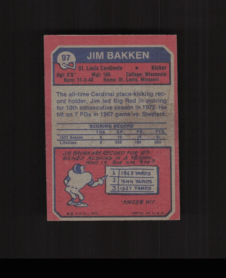 1973 Topps #97 Jim Bakken Football Card Cardinals - Image 2 of 2
