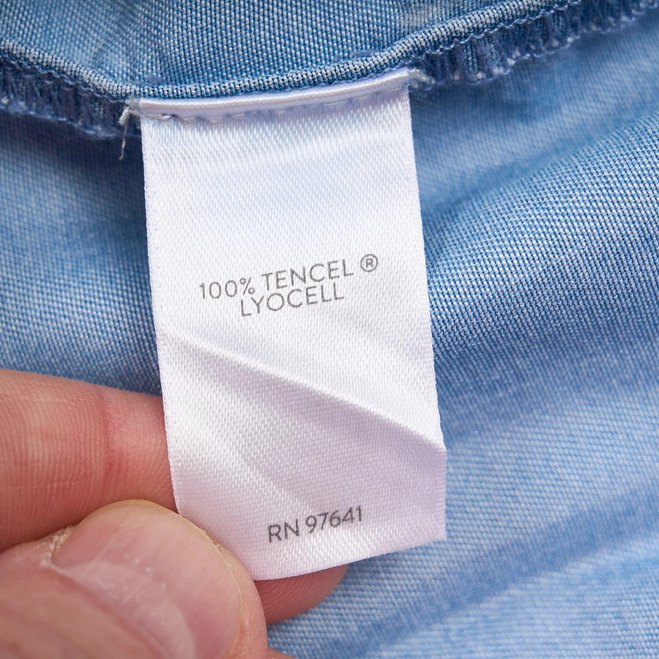 J Jill Denim Chambray Shirt Dress Womens XL Blue Tencel Roll-Tab Sleeve Ruffle - Image 4 of 4