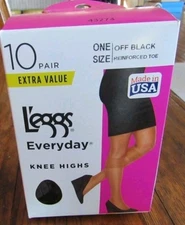 Leggs Everyday Knee Highs 10 Pairs Off Off Black Reinforced Toe NWT USA Made