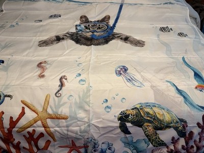  Cat and Sea Life Shower Curtain with Turtle, Starfish, Octopus, Seahorse