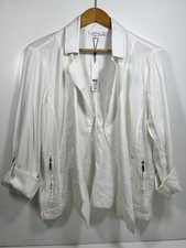 Chicos Linen Blend Stretch Blazer Alabaster Sz 1.5 US 10 Open Front Roll Sleeve