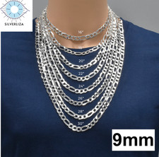 SOLID Real 925 Sterling Silver Mens 9mm Figaro Chain Necklace And Bracelet Italy