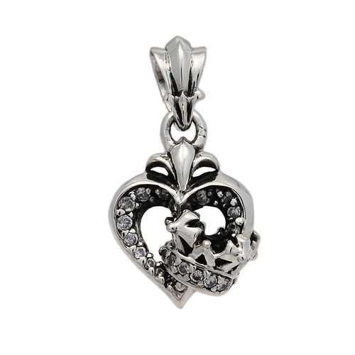 CROWN HEART WHITE Cz 925 STERLING SILVER BIKER GOTHIC ROCKABILLY PENDANT db-007w - Picture 1 of 3