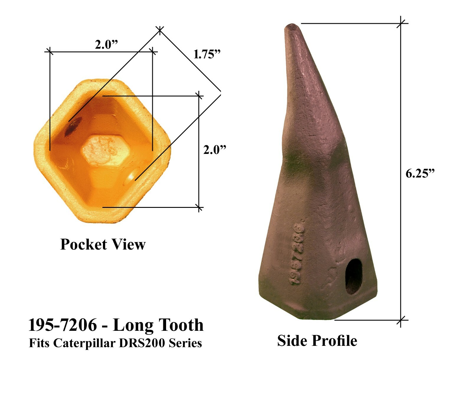 5 Backhoe Bucket Teeth 1957206 Long Tip, w/ Pin, fits CAT DRS200