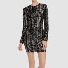 NEW 375 Aqua Women Black Gold Sequin Long-Sleeve Sheath Mini Party Dress Size S
