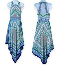 ELIZA J Scarf Print Asymmetric Long Halter Dress Sleeveless Open Back Size 4