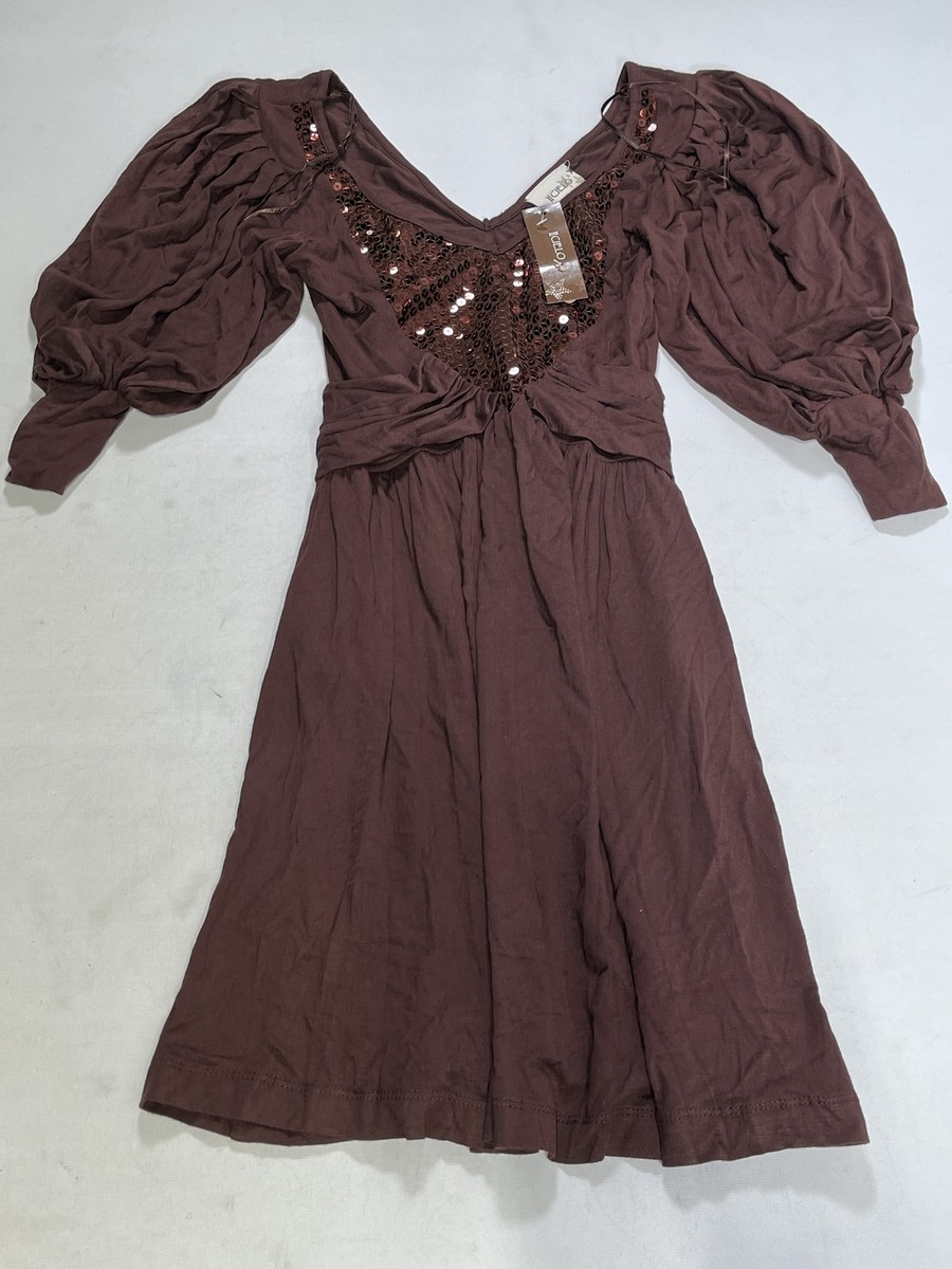 brown puffy dress Women's Print Puffy Shoulder Dress in Brown Leopard main image 0