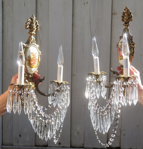 COPPIA applique vintage cristallo ottone bronzo porcellana Sevres Limoges Spagna francese - Foto 16 di 16