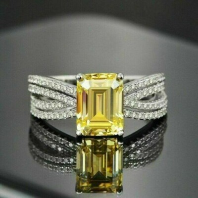 3Ct Emerald Cut Lab-Created Citrine Wedding Twisted Ring 14K White Gold Plated