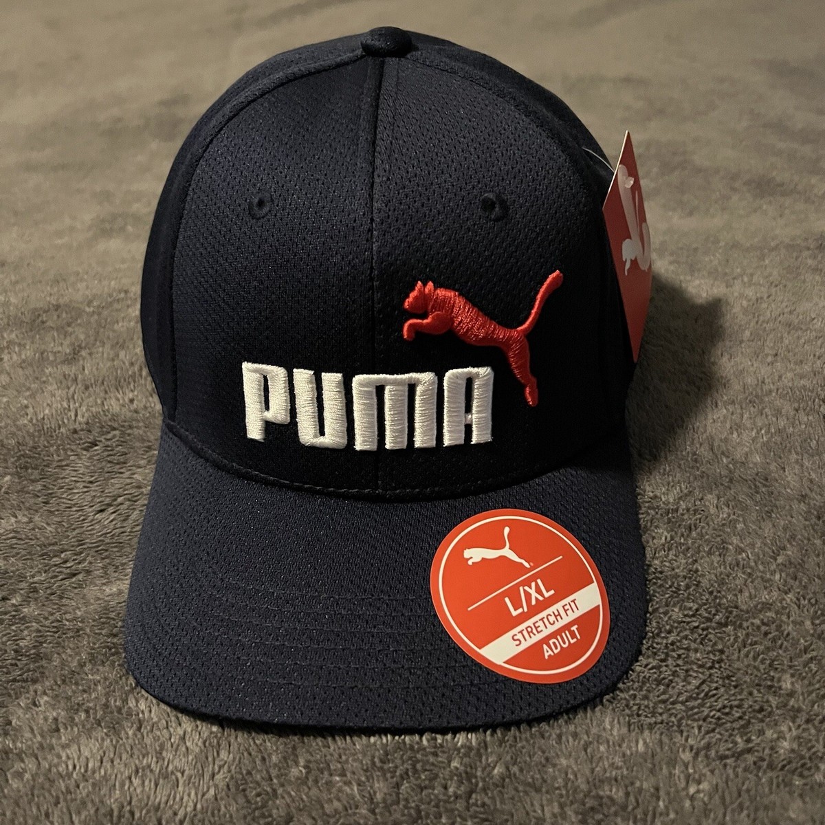 Puma Men's Polyester Baseball Cap Navy Blue w/ Red/White Puma Stretch Fit  L/XL