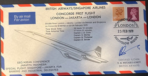 1979 Concorde First Flight Cover BA/Singapore Airlines London Jakarta + Insert
