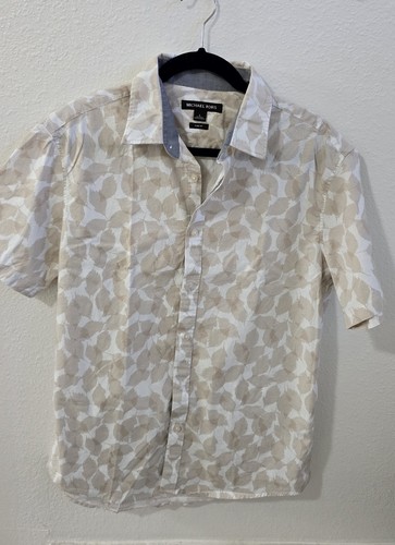Michael Kors, Vintage Michael Kors Men's Beige White Geometric Short Sleeve Collar Shirt L