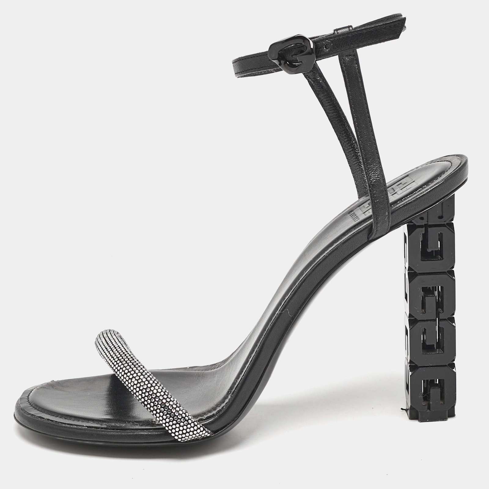 Givenchy Black Leather G Cube Crystal Embellished Heel Ankle Strap Sandals Size