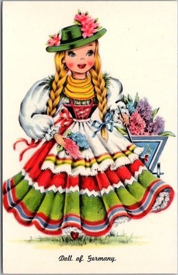 Vintage ''DOLLS OF MANY LANDS'' / GERMANY Postcard Tichnor Chrome / Unused c1960s