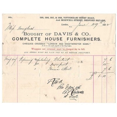 1882 Billhead, Davis & Co, House Furnishers, Tottenham Court Rd LONDON