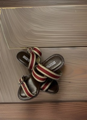 Michael Kors Leather Wedge Ankle Buckle Strap Sandals Shoe Sz 7M Red Stripe Box