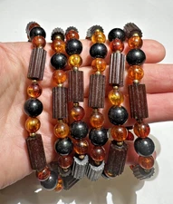 Flapper Chunky Old Plastic Brown Black Honey Amber Bead Gold t 53.5"Necklace