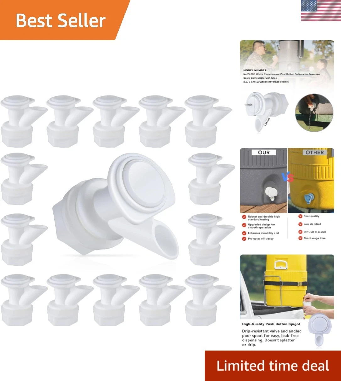 Durable White Water Cooler Spigot - 30PC Compatible with Igloo Beverage Coolers