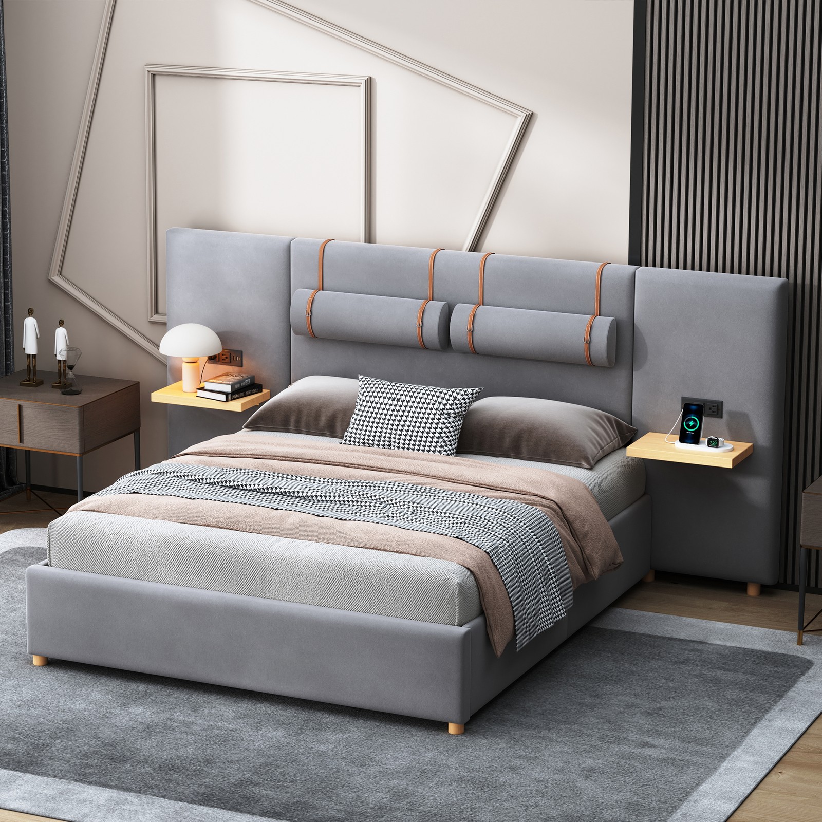Queen Upholstered Platform Bed, Two Outlets and USB Charging