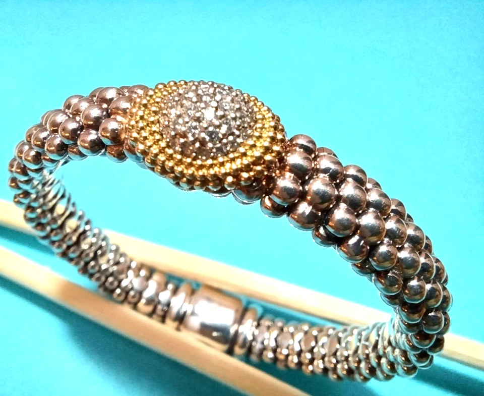 Lagos Caviar 925 серебро и 18k золото овальная станция бриллиант Bracalet, 9 мм - Изображение 4 из 4