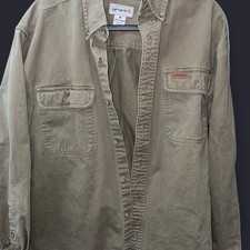 Carhartt Men s Medium Khaki Beige Green Button Up Work Shirt 100 Cotton