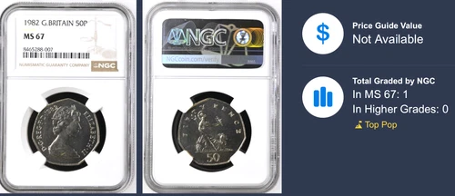 1982 50p Fifty New Pence MS67 NGC Great Britain Britannia Uncirculated Large