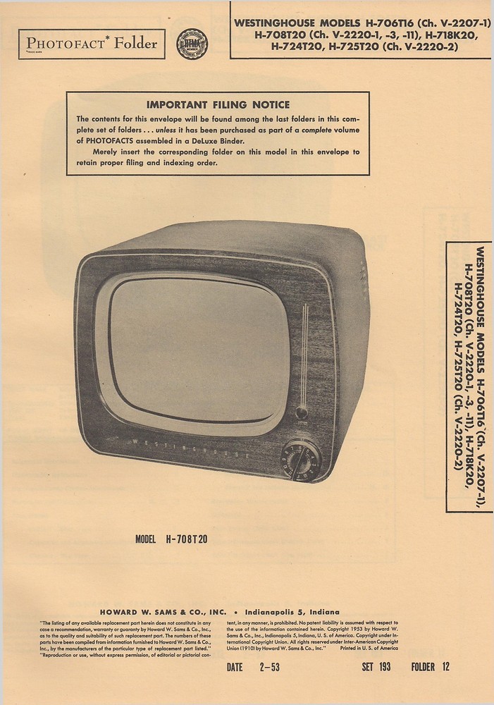 Sams PhotoFact TV WESTINGHOUSE H-706T16 H-708T20 H-718K20 H-724T20 H-725T20