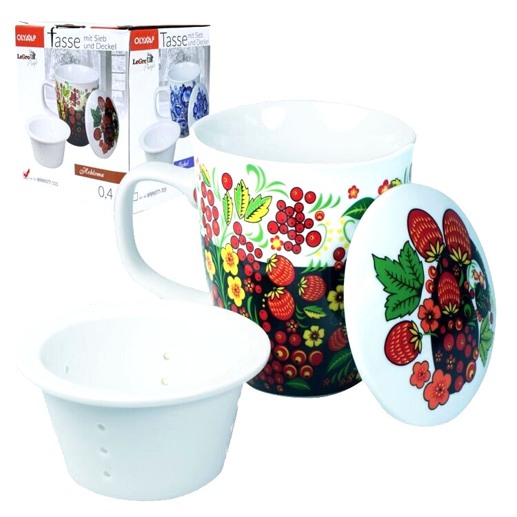 Grand mug décoré motif russe Khokhloma en porcelaine fine avec infuseur amovible
