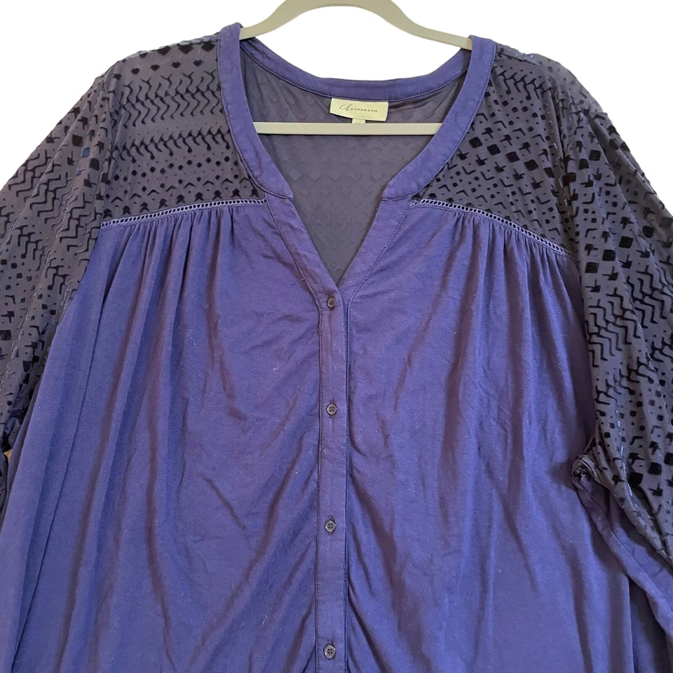 Autograph Womens Top Plus Size 26 Blue V Neck Bell Sleeves Button Up Cut Out - image 2 of 4