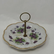 Vtg Lefton Small Tidbit Tray Trinket Dish Dresser Tray Purple Violets Gold Trim