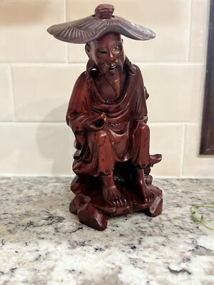 Asian Redwood Carved Old Man Removable Hat Both