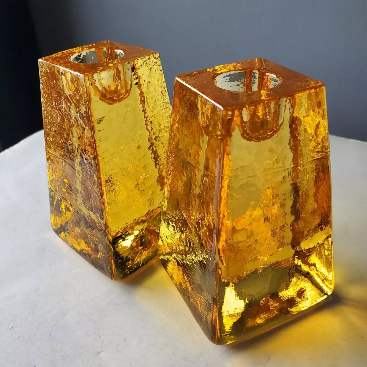 Two Fire and Light Candle Holders Citrus Yellow Recycled Glass Studio Art 3 3 4