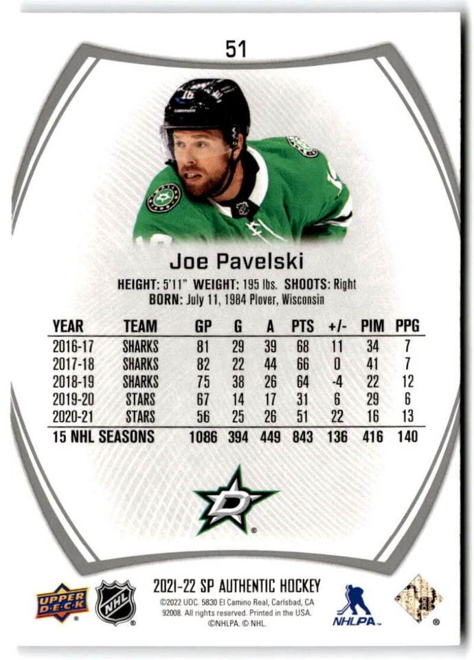 2021-22 SP Authentic #51 Joe Pavelski Dallas Stars Hockey Card - Image 2 of 2