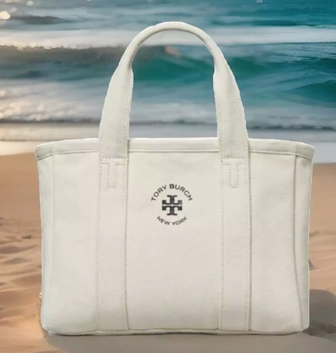 NWT {Tory Burch} Ivory Canvas Tote Bag - Double Top Handle