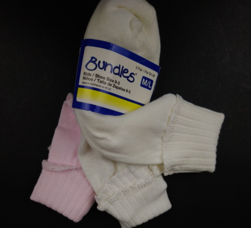 Bundles 3 Pair Girls Frilly Ruffle Ankle Socks Size M/L 9-3 White Pink