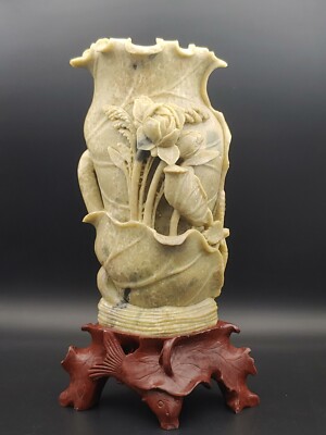 青田石雕生财花觚Vintage Chinese Qingtian Stone Sculpture Lotus