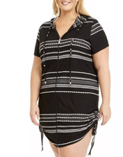 DOTTI Plus Size Dahlia Stripe Zip Hoodie Cover-Up Black  White 1X