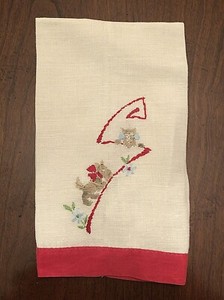 Vintage Hand Embroidered Kitchen Hand Towel/Tea Cloth Scottie Dog Red White