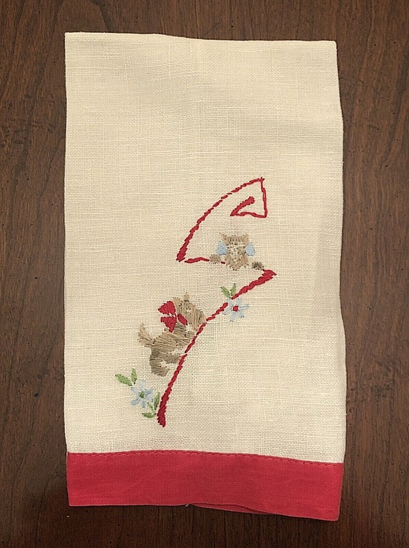 Vintage Hand Embroidered Kitchen Hand Towel/Tea Cloth Scottie Dog Red White