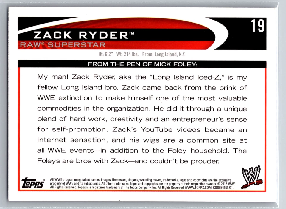 Zack Ryder 2012 Topps WWE Purple Parallel #19 Matt Cardona - Image 2 of 2