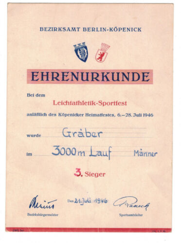 Onore Documento Atletica Leggera Festa Sport Berlino Koepenick 1946 - Bild 1 von 1