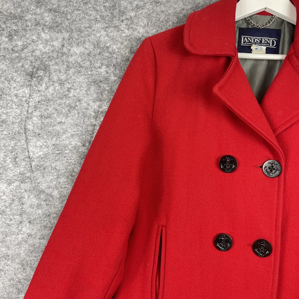 Abrigo Lands' End Mujer Talla 10 Guisante Lana Doble Pecho Rojo Ancla Botones Forrado Foto 3 de 4