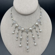 Faux Pearl Clear Bead Dangling Bib Collar Necklace Silver Tone Beaded