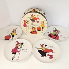 Glamour Witches 8" Plates, Set of 4, by Rosanna, with Carrying Box - Halloween