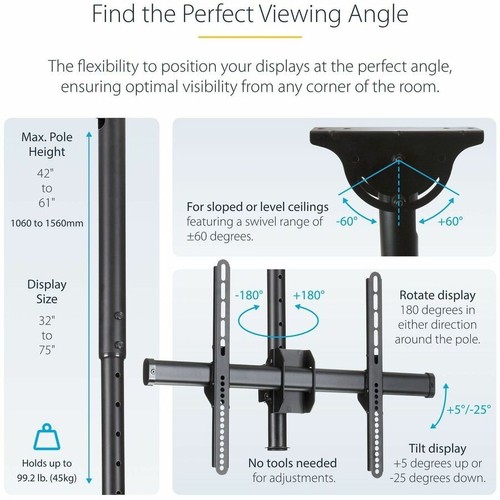 StarTech Ceiling TV Mount - Back-to-Back - Dual Screen Mount - For 32 to 75" - Afbeelding 4 van 8