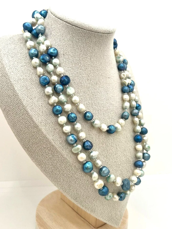 Elegante lange Süßwasserperlenkette mit blauen & weißen Barock-Perlen - Bild 3 von 4
