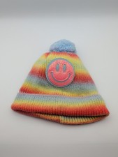 Girls Beanie Hat Emoji Rainbow Colors - Blue Pompom