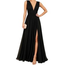 Lulus Black Chiffon Maxi Dress Deep V Neck Back Side Slit Sleeveless Large NWT